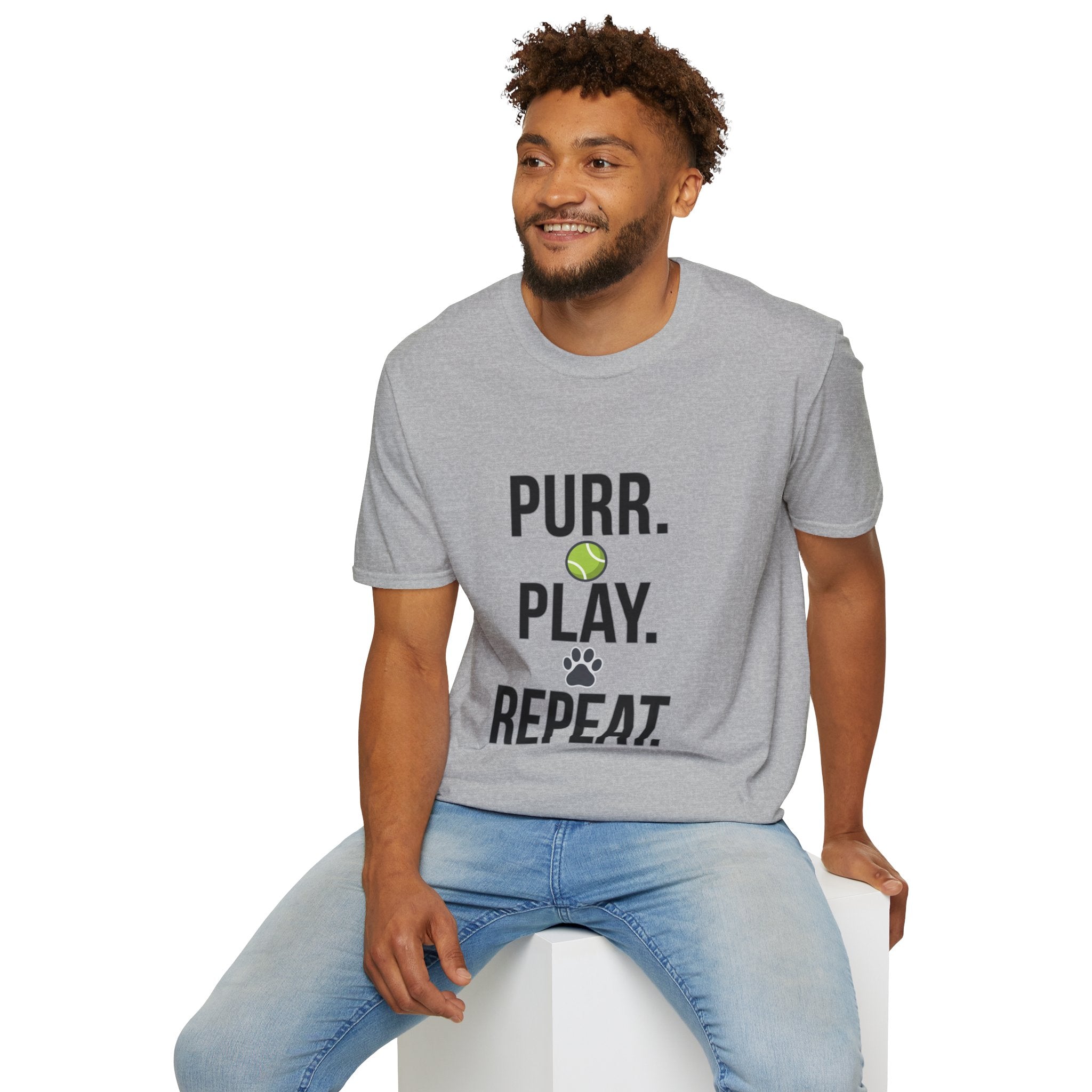 Purr. Play. Repeat. Cat Lover T-Shirt — Tennis Ball & Paw Graphic