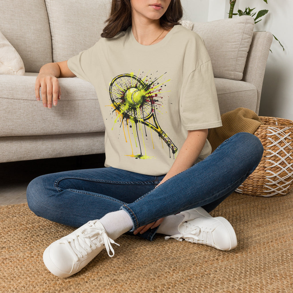 Tennis Racket & Ball Splash T‑Shirt — Watercolor Sports Graphic Tee