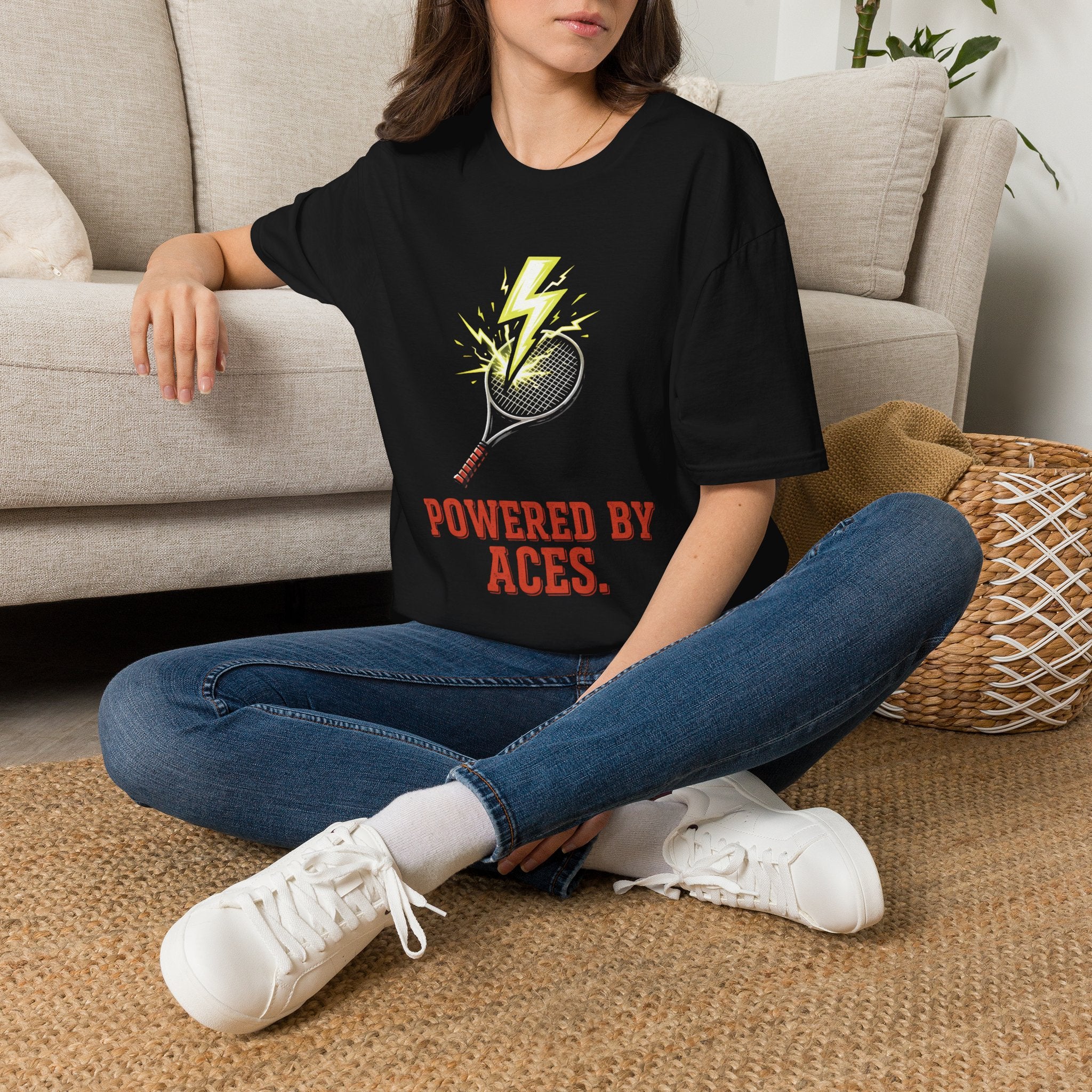 Tennis T-Shirt — "Powered By Aces" Lightning Racket Tee