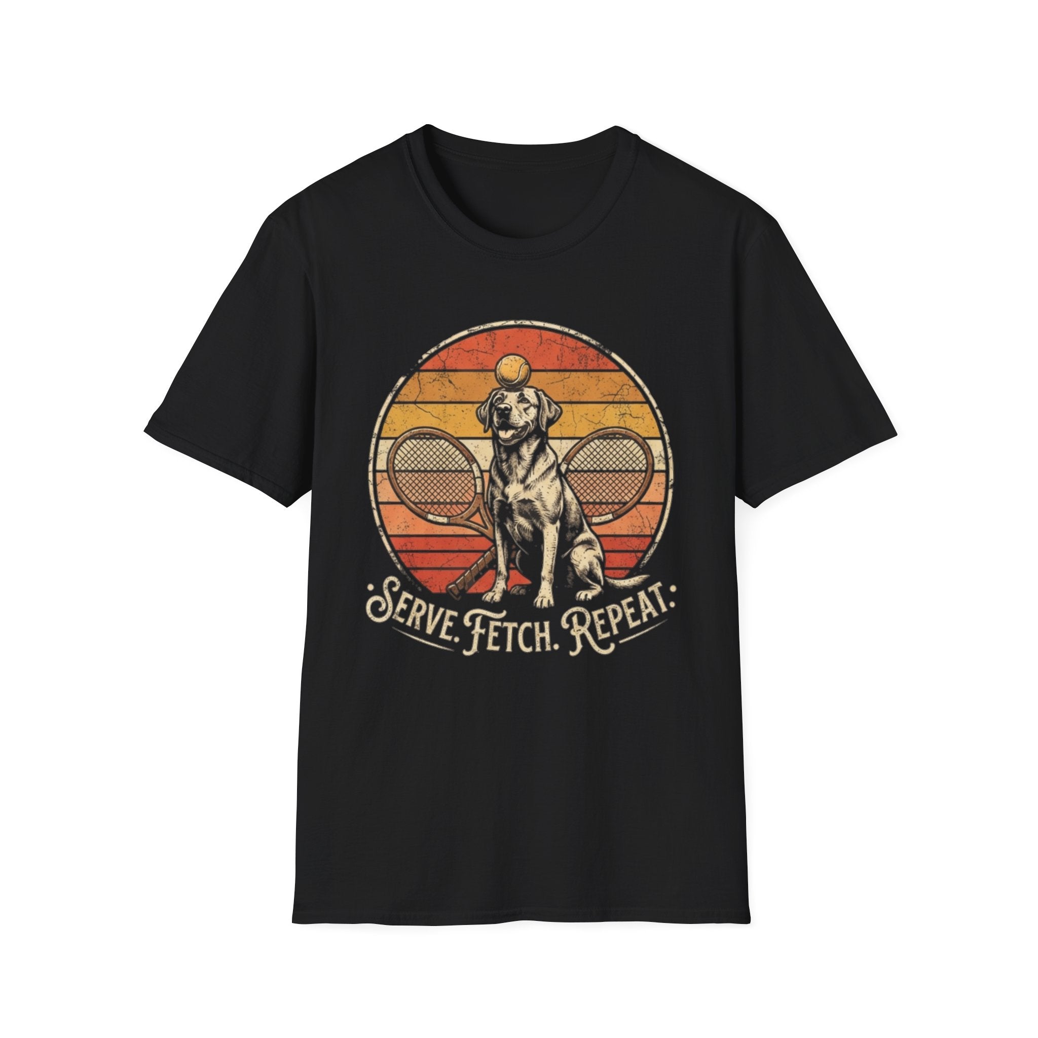 Dog Tennis T-Shirt — “Serve. Fetch. Repeat.” Retro Labrador Tennis Tee