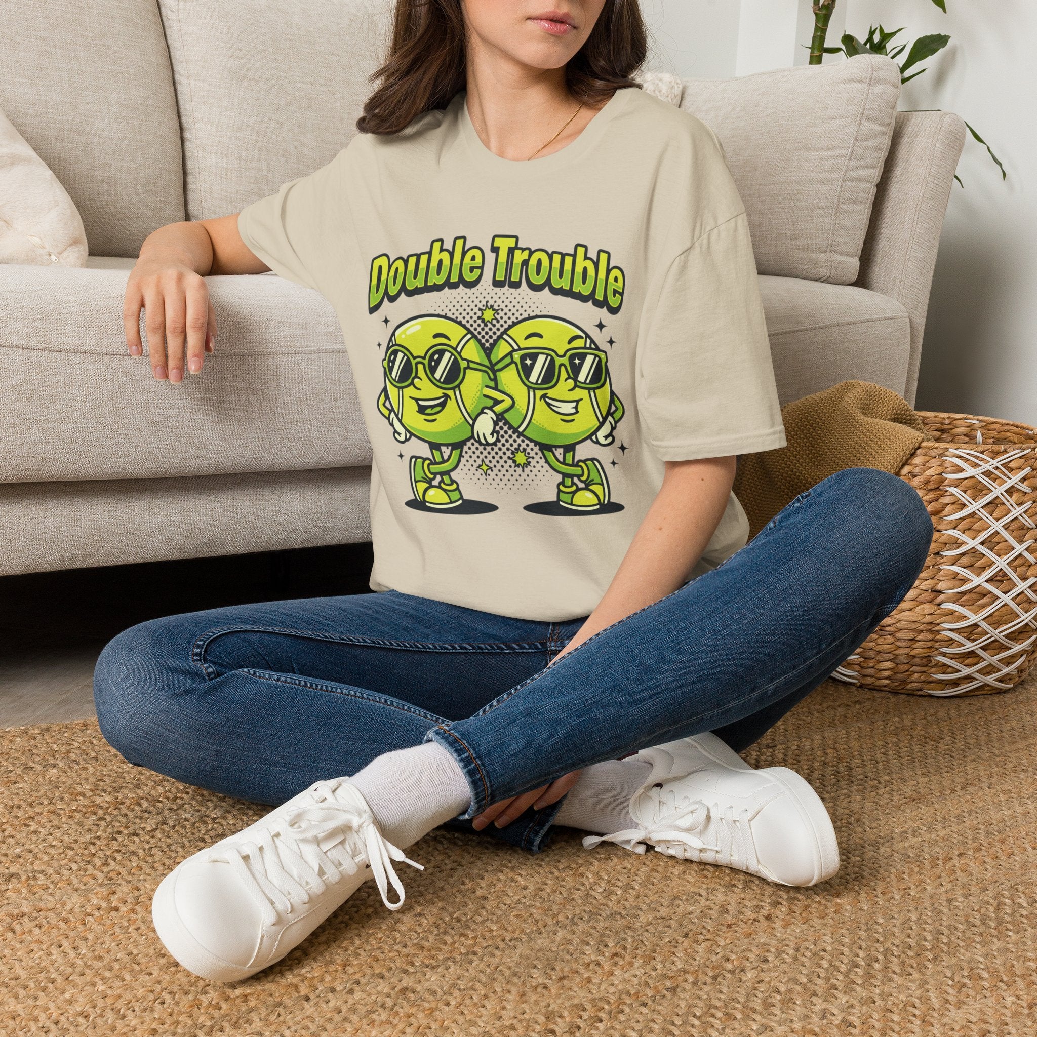 Double Trouble Tennis Tee — Retro Smiley Racquet Duo