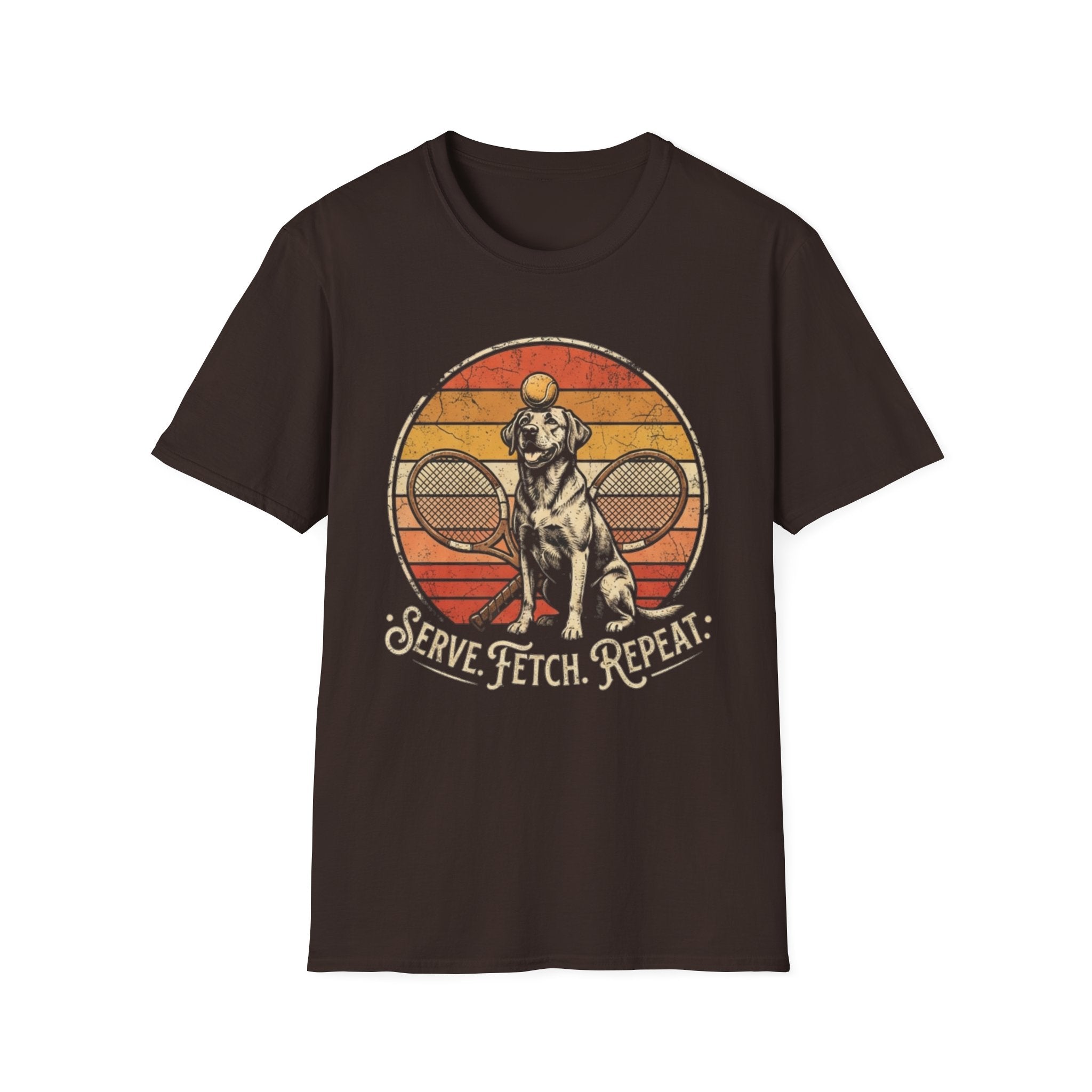 Dog Tennis T-Shirt — “Serve. Fetch. Repeat.” Retro Labrador Tennis Tee