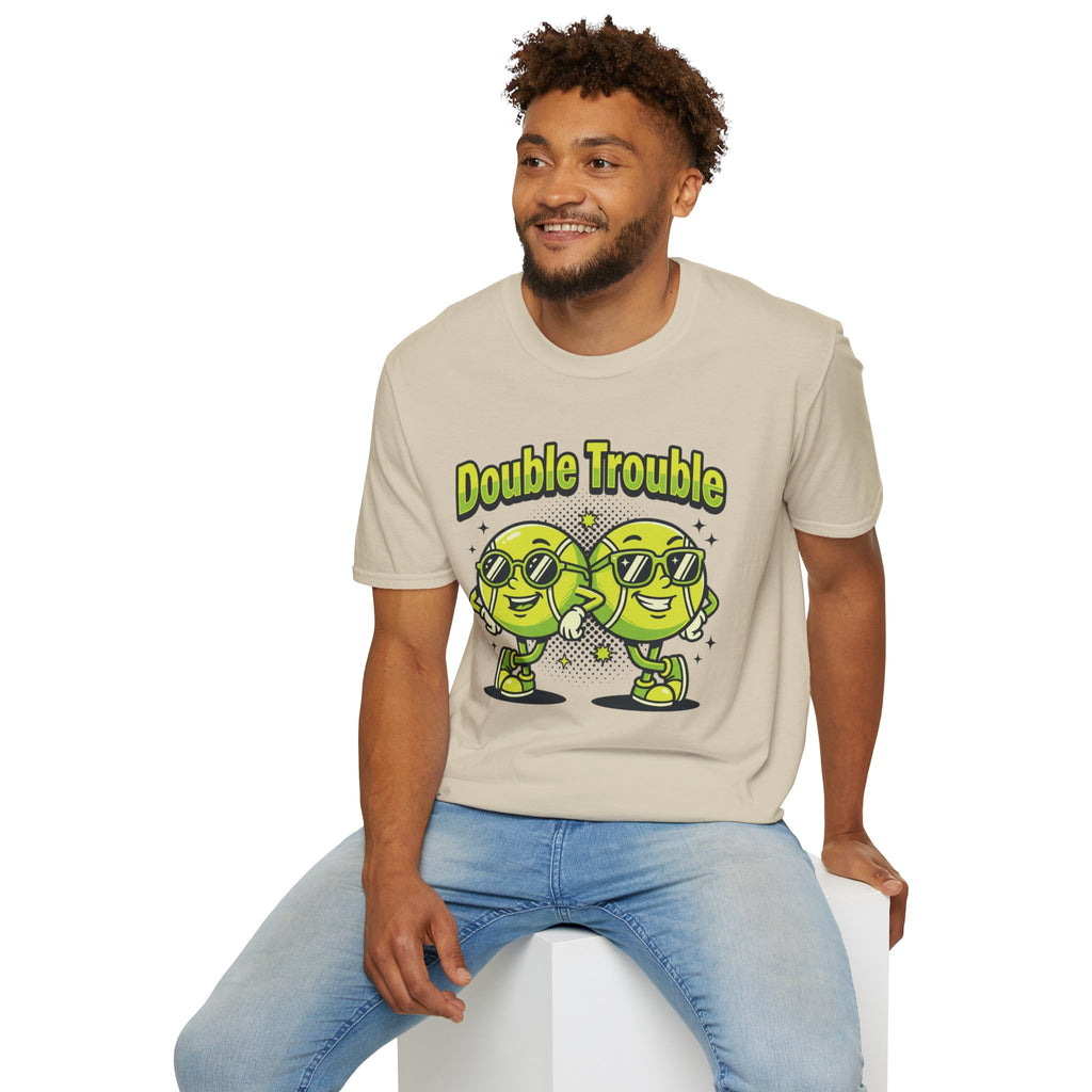 Double Trouble Tennis Tee — Retro Smiley Racquet Duo
