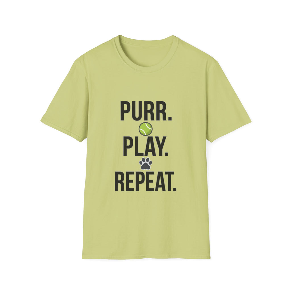 Purr. Play. Repeat. Cat Lover T-Shirt — Tennis Ball & Paw Graphic