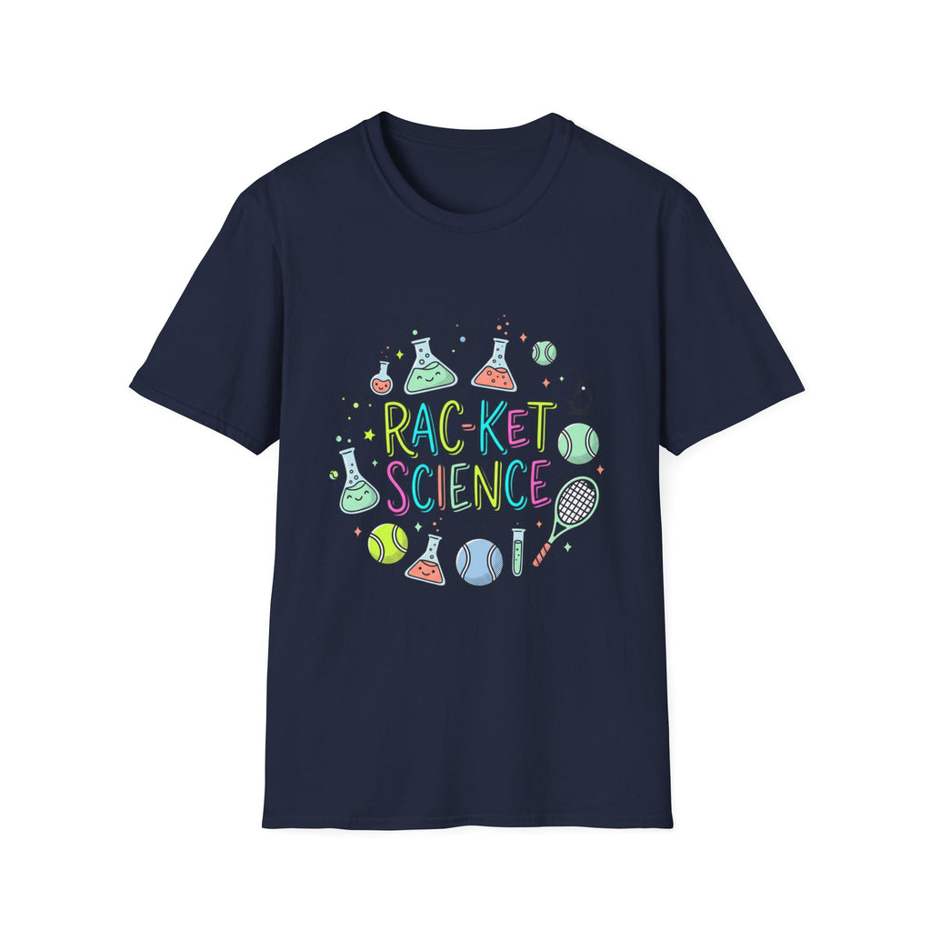 T-Shirt — Racket Science Graphic Tee (tennis + lab beakers)