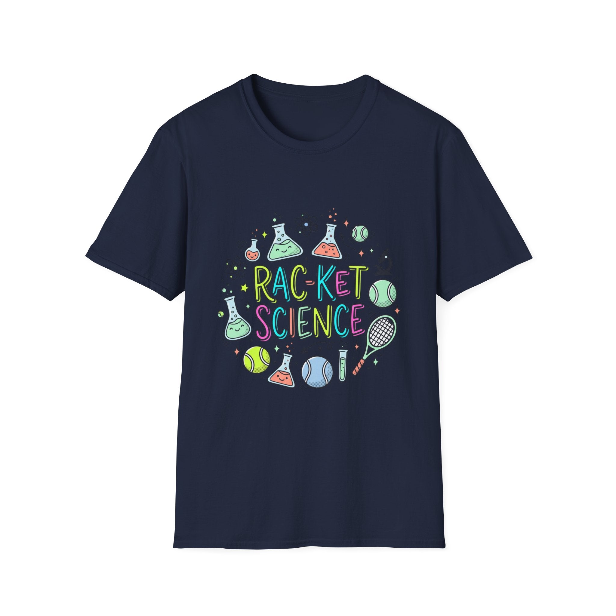 T-Shirt — Racket Science Graphic Tee (tennis + lab beakers)