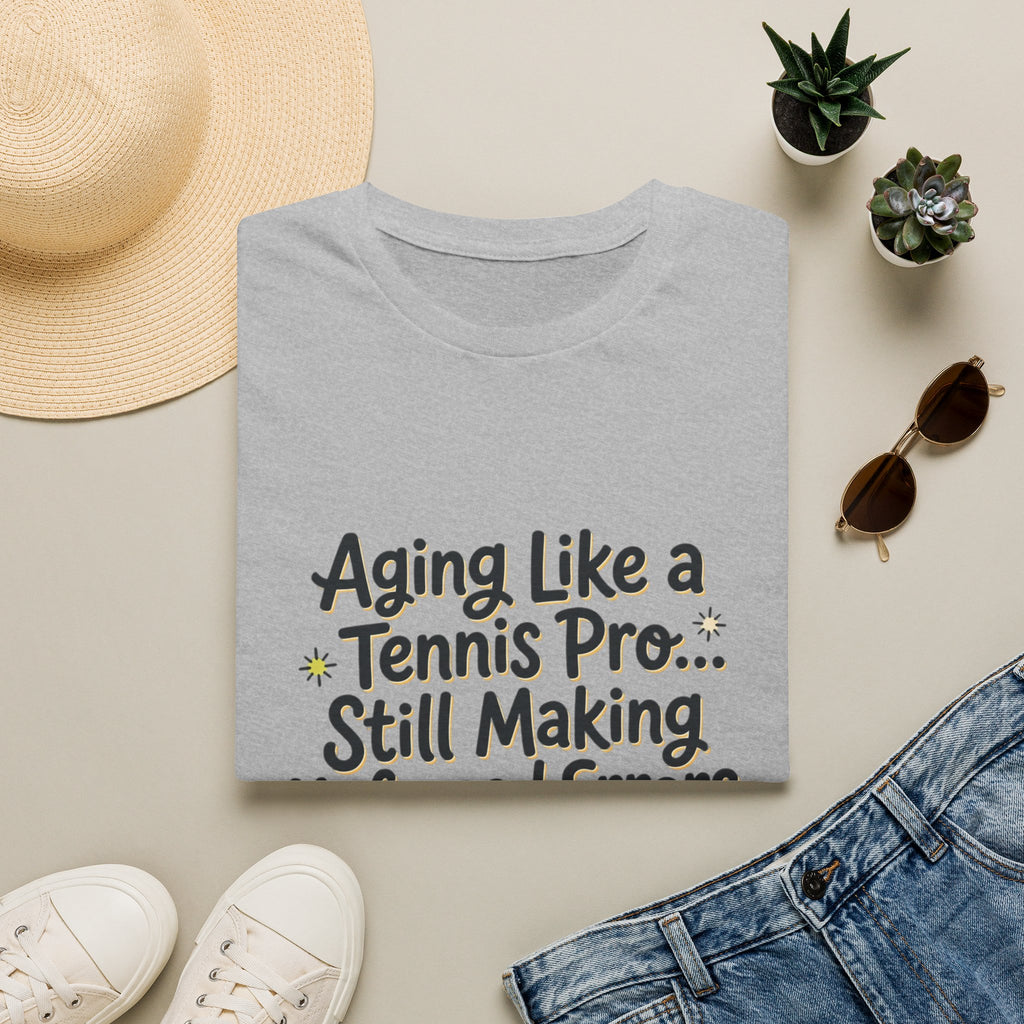 Funny Tennis Retirement T-Shirt — "Aging Like a Tennis Pro... Still Making Unforced Errors"