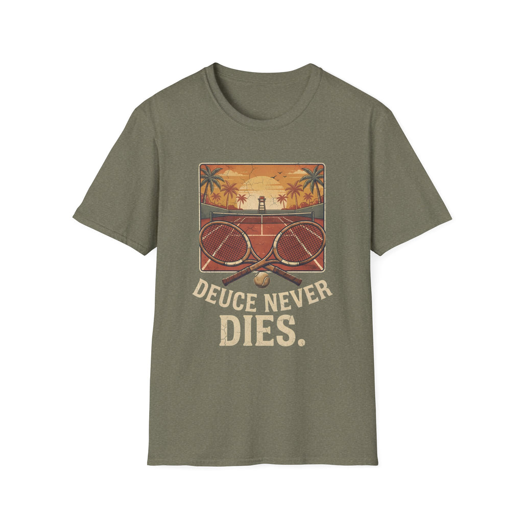 Tennis Sunset T-Shirt — Vintage 'Deuce Never Dies' Tennis Graphic Tee