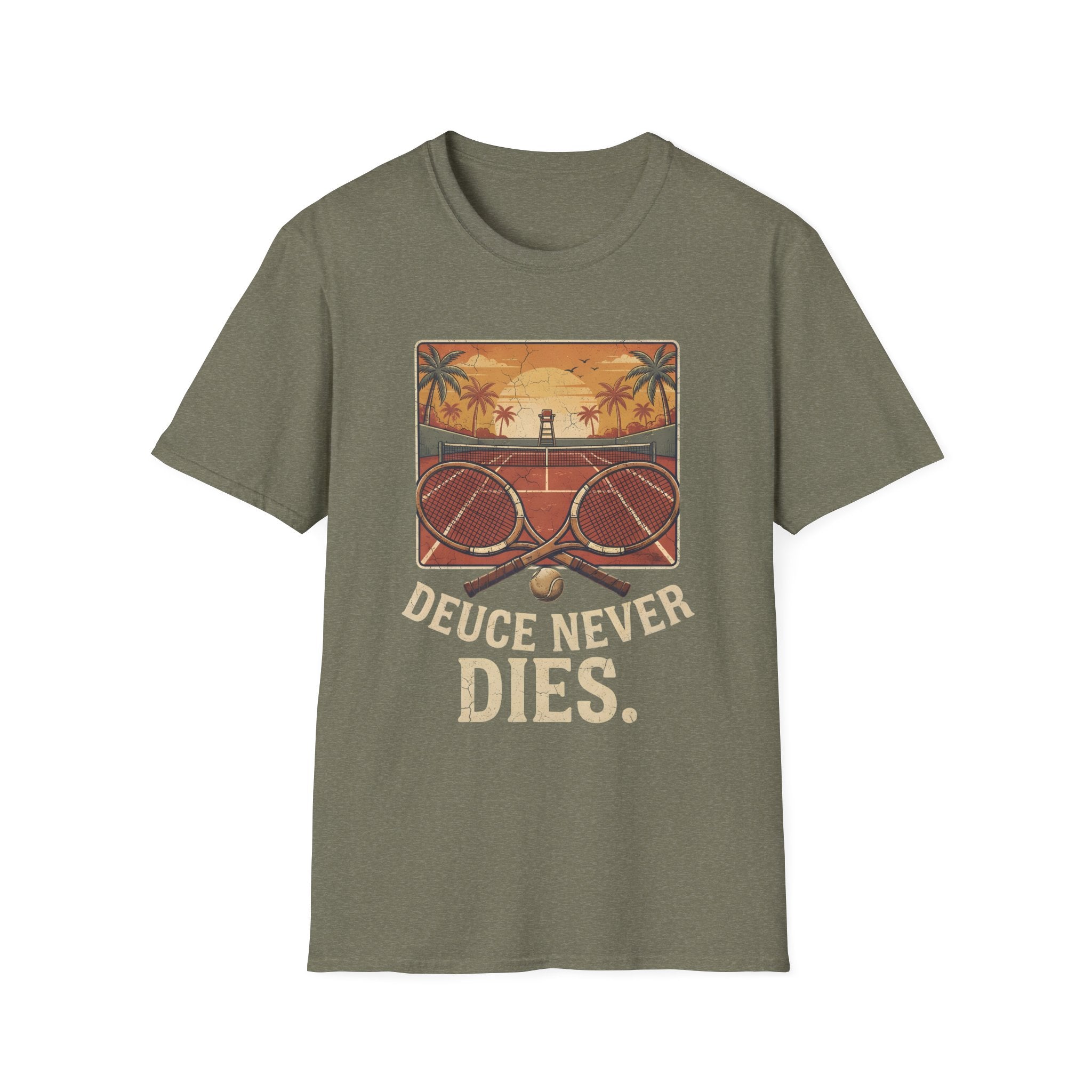 Tennis Sunset T-Shirt — Vintage 'Deuce Never Dies' Tennis Graphic Tee