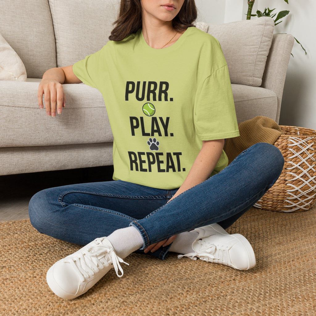 Purr. Play. Repeat. Cat Lover T-Shirt — Tennis Ball & Paw Graphic