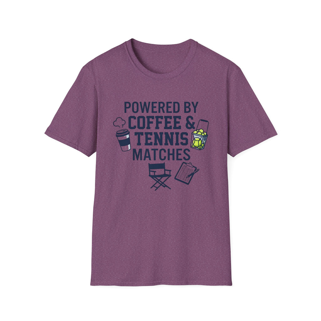 T-Shirt — "Powered by Coffee & Tennis Matches" Casual Tennis Player Tee