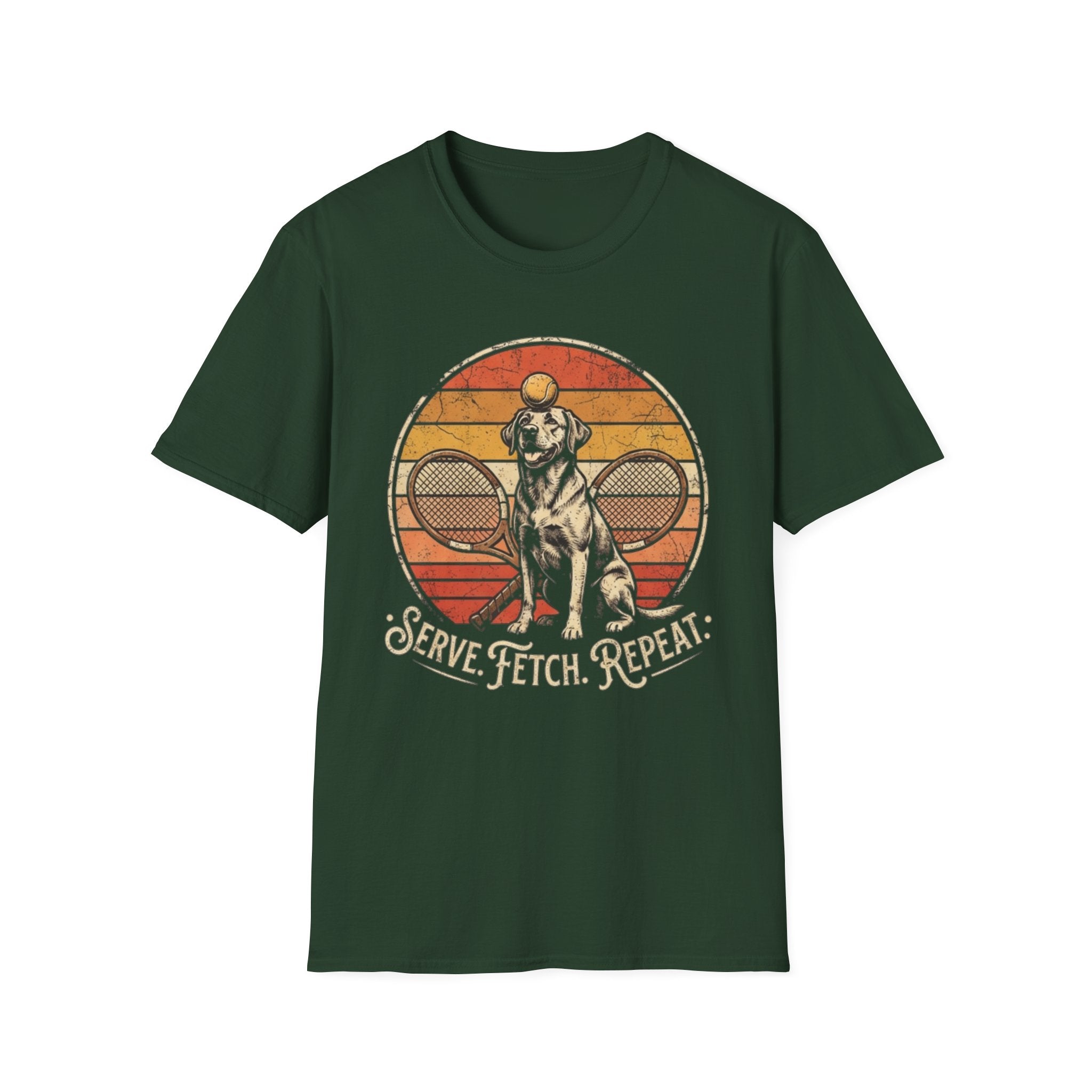 Dog Tennis T-Shirt — “Serve. Fetch. Repeat.” Retro Labrador Tennis Tee