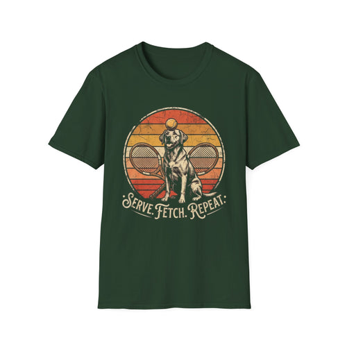 Dog Tennis T-Shirt — “Serve. Fetch. Repeat.” Retro Labrador Tennis Tee