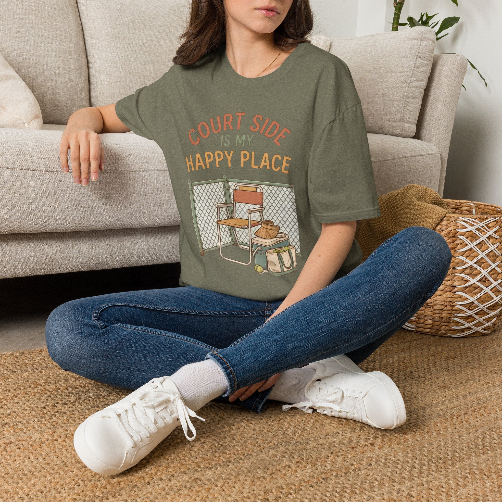 T-Shirt — "Court Side Is My Happy Place" Tennis Crew Tee