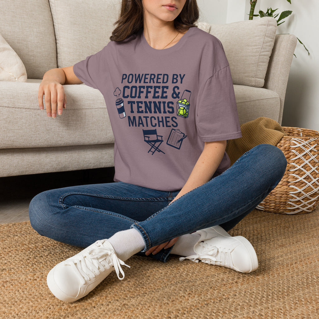 T-Shirt — "Powered by Coffee & Tennis Matches" Casual Tennis Player Tee