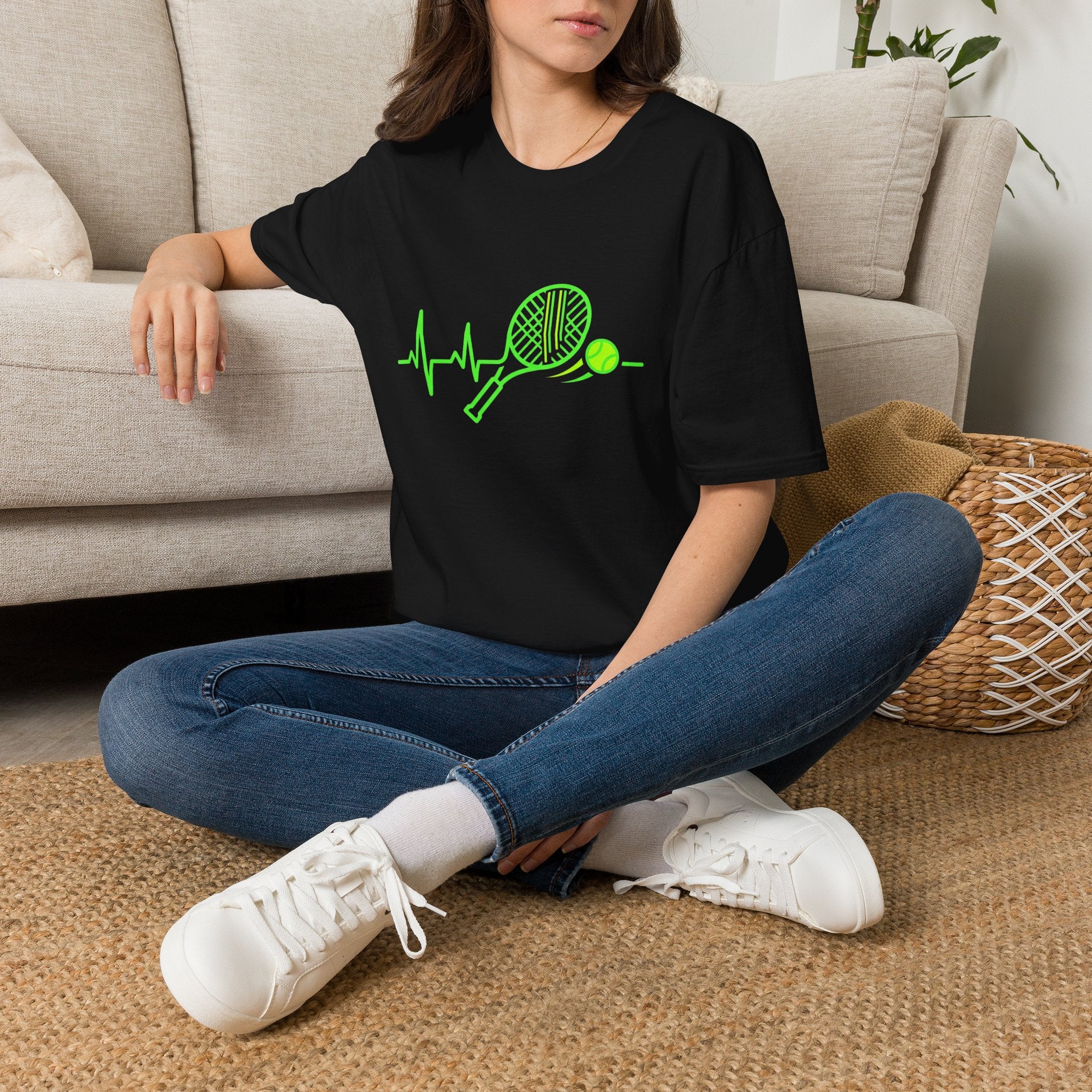 Tennis Racket Heartbeat T-Shirt — Neon Green Tennis Lover Tee