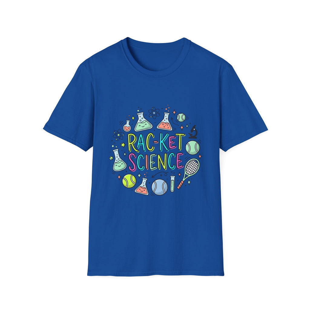 T-Shirt — Racket Science Graphic Tee (tennis + lab beakers)