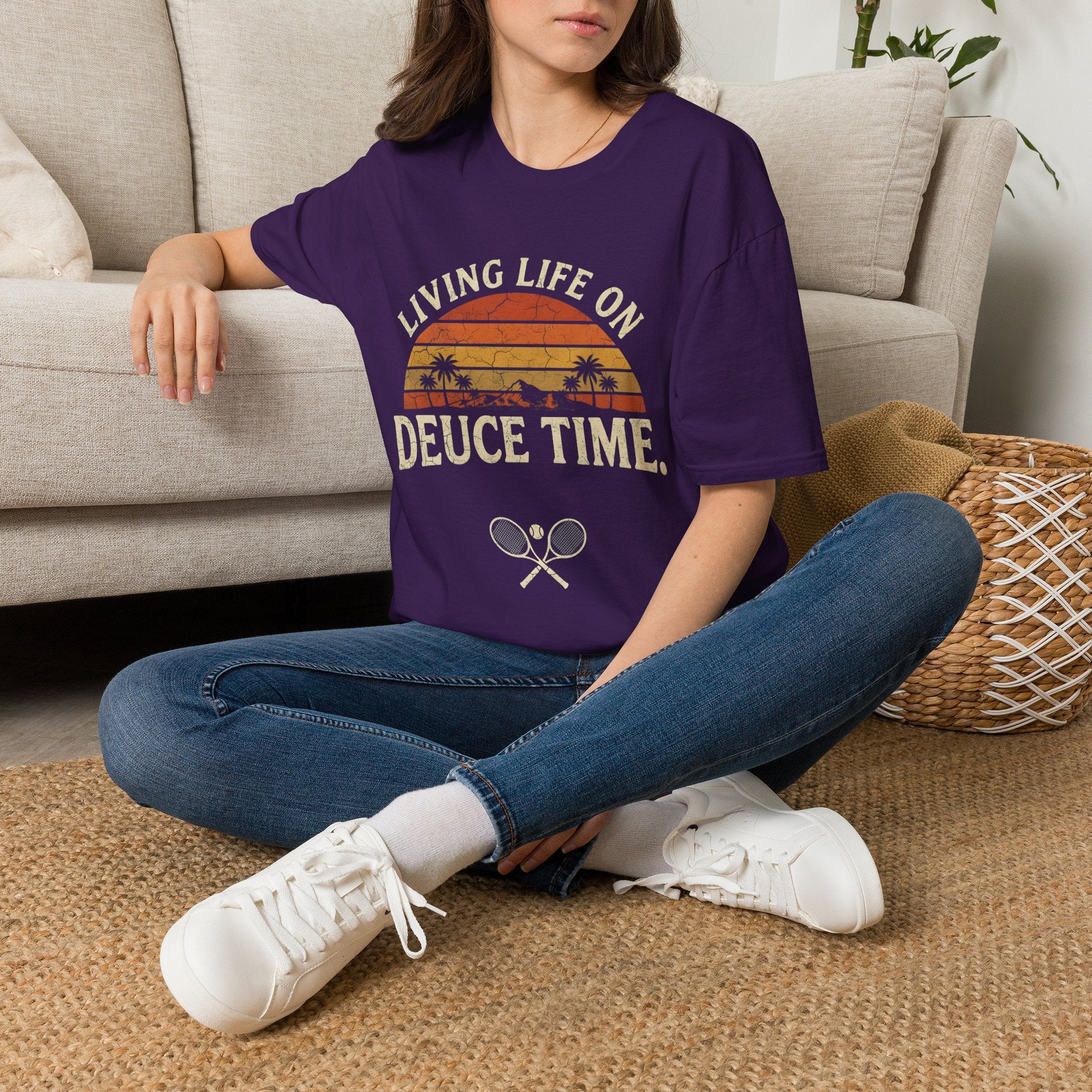 T-Shirt — "Living Life on Deuce Time" Vintage Tennis Sunset Tee
