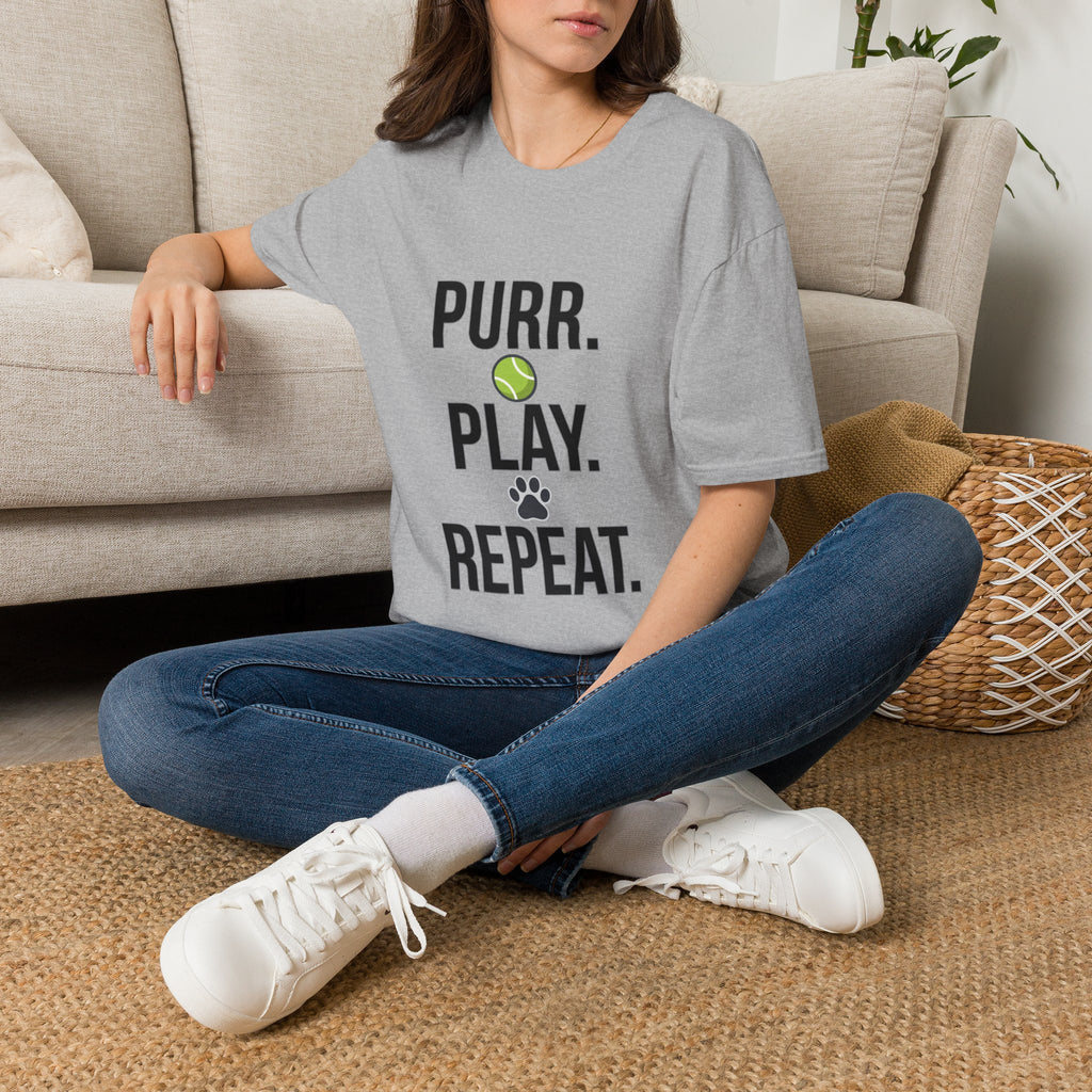 Purr. Play. Repeat. Cat Lover T-Shirt — Tennis Ball & Paw Graphic