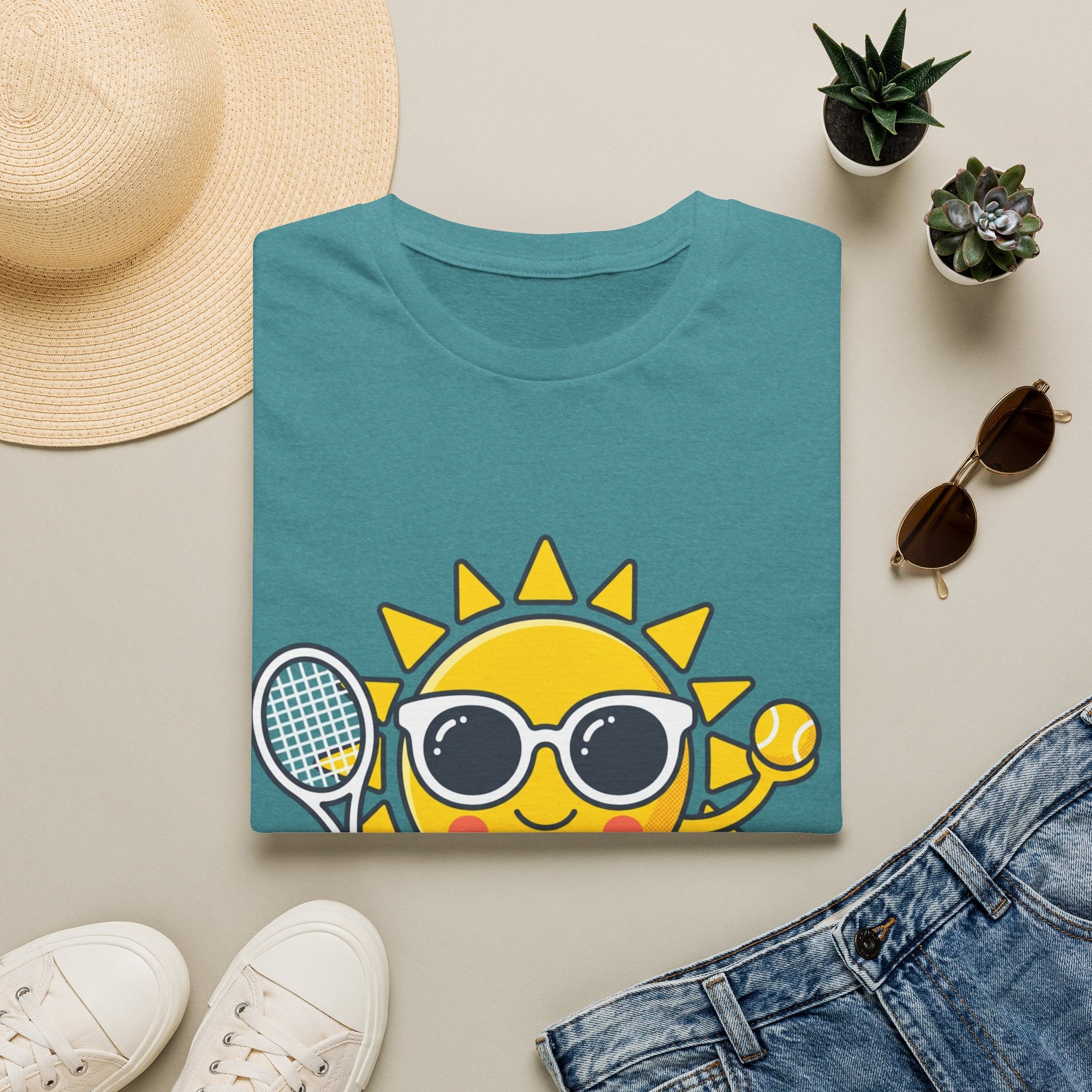 Sun Tennis Emoji T-Shirt — Cute Sunglasses Sun Playing Tennis Graphic Tee