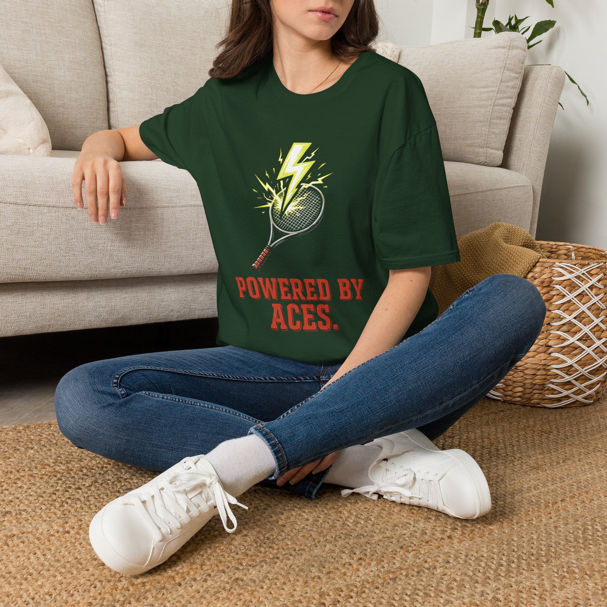 Tennis T-Shirt — "Powered By Aces" Lightning Racket Tee