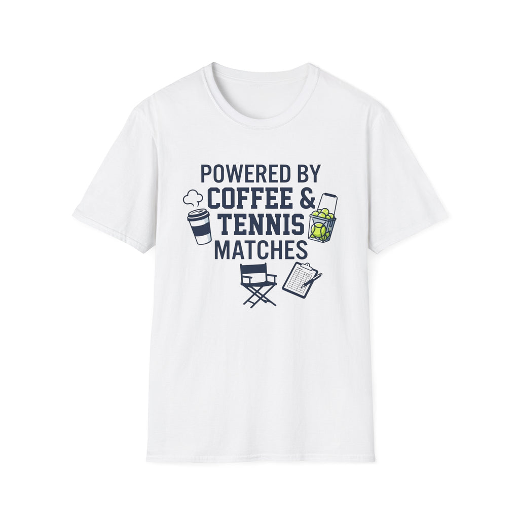 T-Shirt — "Powered by Coffee & Tennis Matches" Casual Tennis Player Tee
