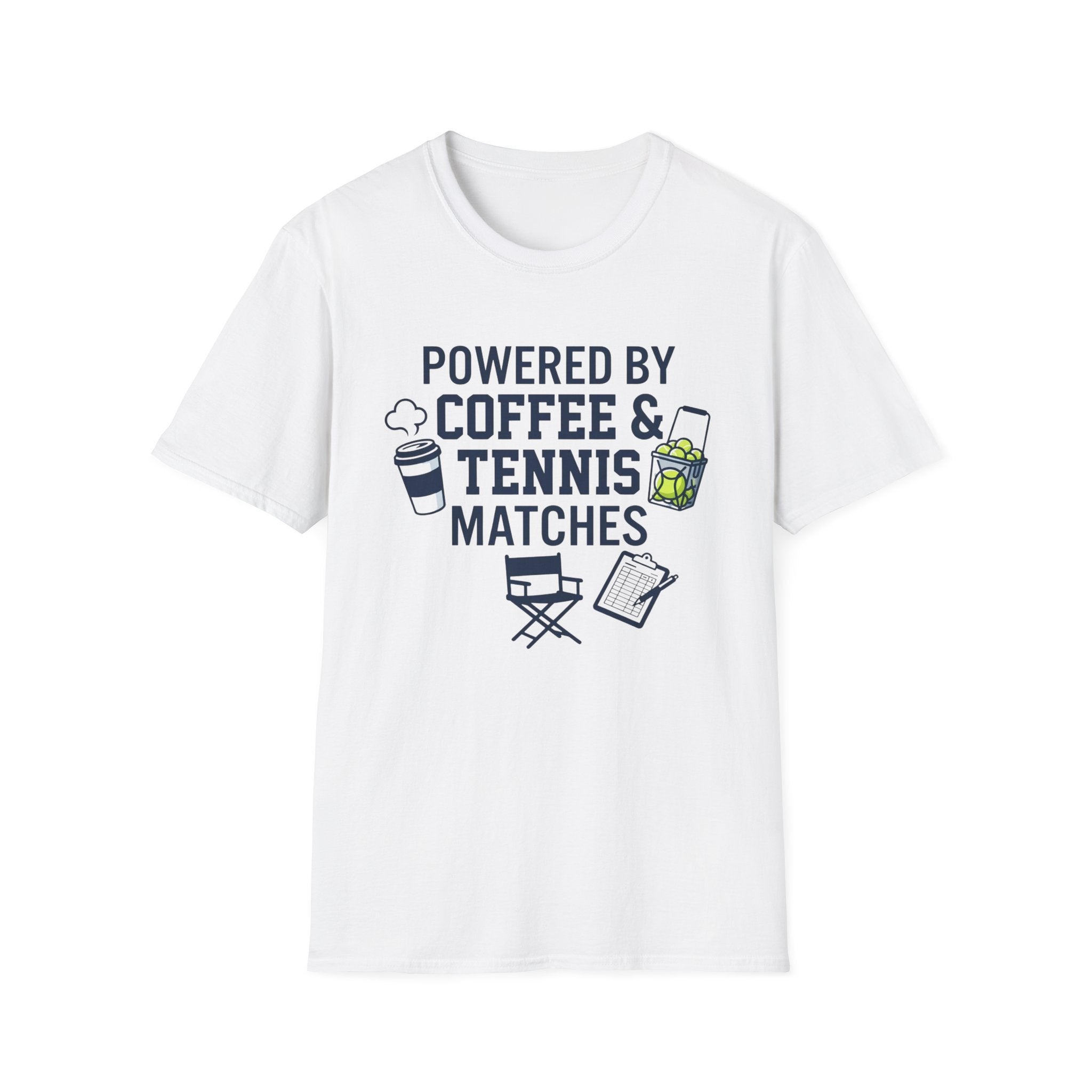 T-Shirt — "Powered by Coffee & Tennis Matches" Casual Tennis Player Tee