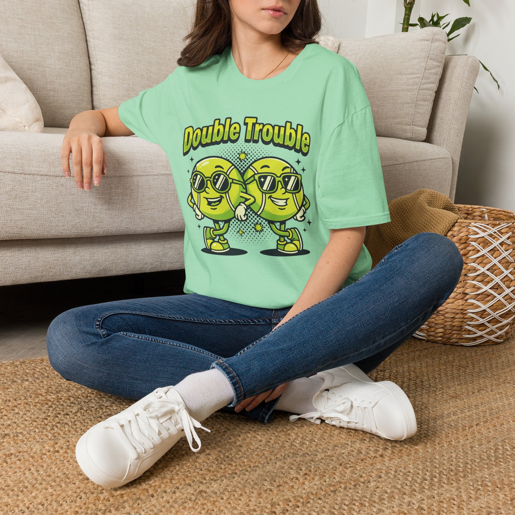 Double Trouble Tennis Tee — Retro Smiley Racquet Duo