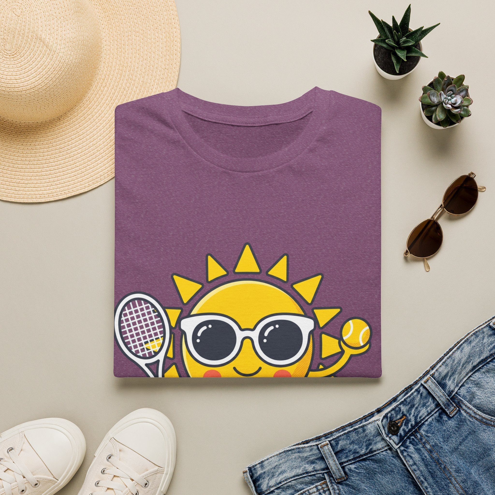 Sun Tennis Emoji T-Shirt — Cute Sunglasses Sun Playing Tennis Graphic Tee