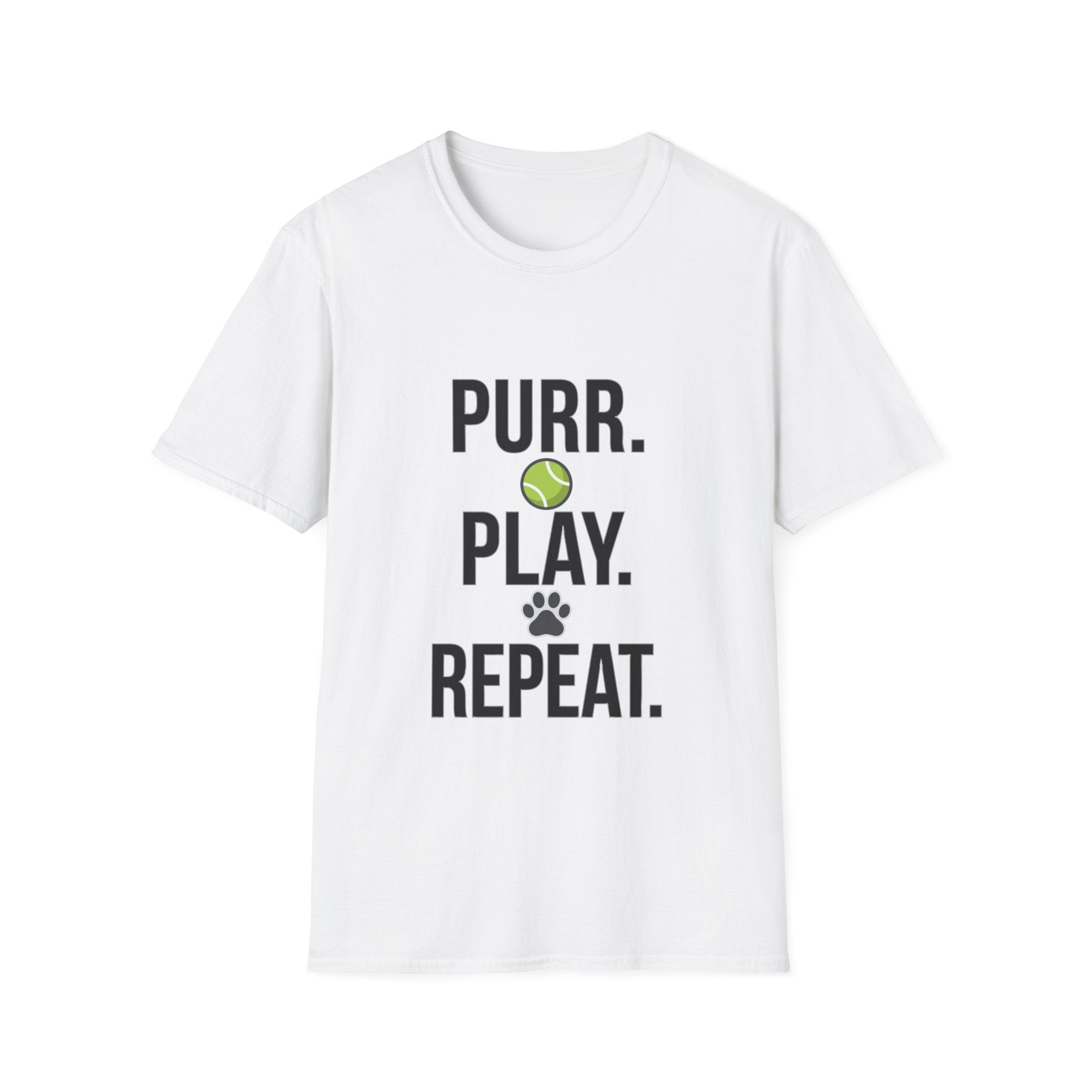 Purr. Play. Repeat. Cat Lover T-Shirt — Tennis Ball & Paw Graphic