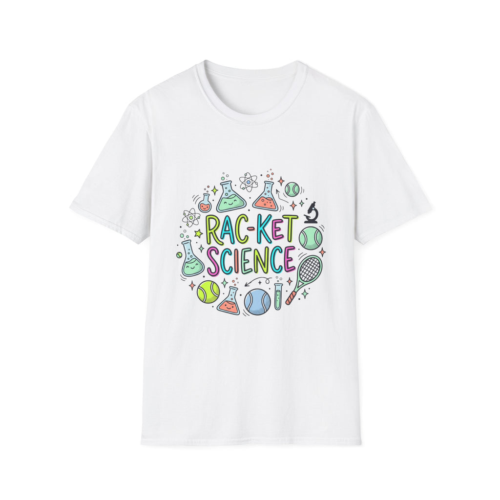 T-Shirt — Racket Science Graphic Tee (tennis + lab beakers)