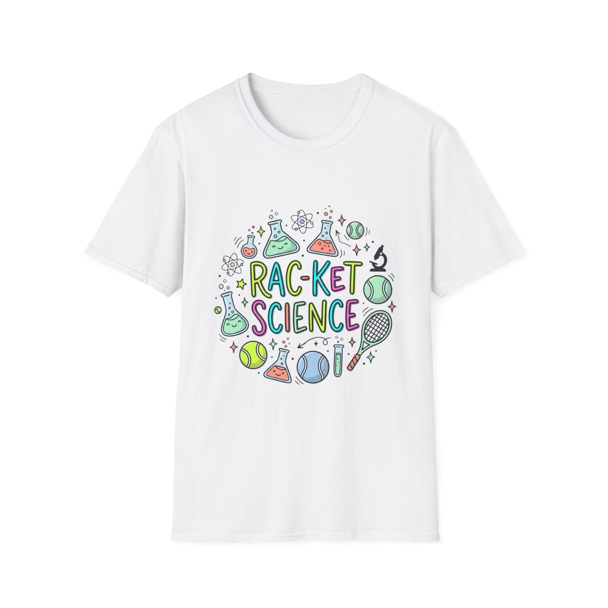 T-Shirt — Racket Science Graphic Tee (tennis + lab beakers)