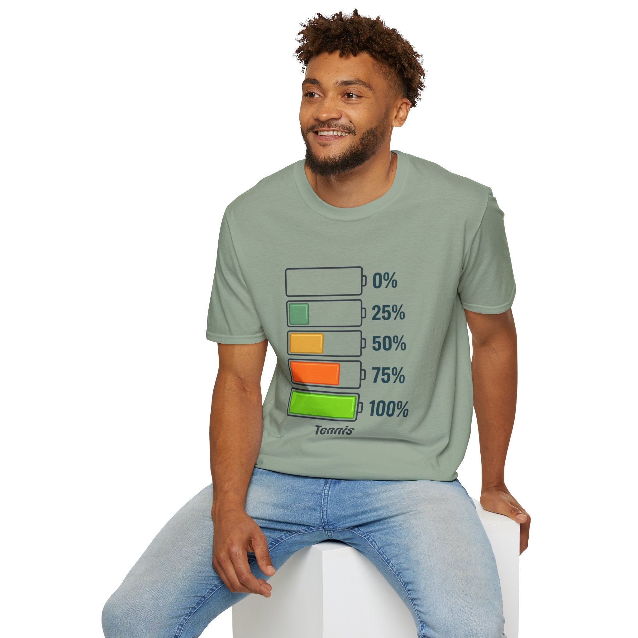T-Shirt — Tennis Energy Levels Graphic Tee (0%–100% Battery Bars)