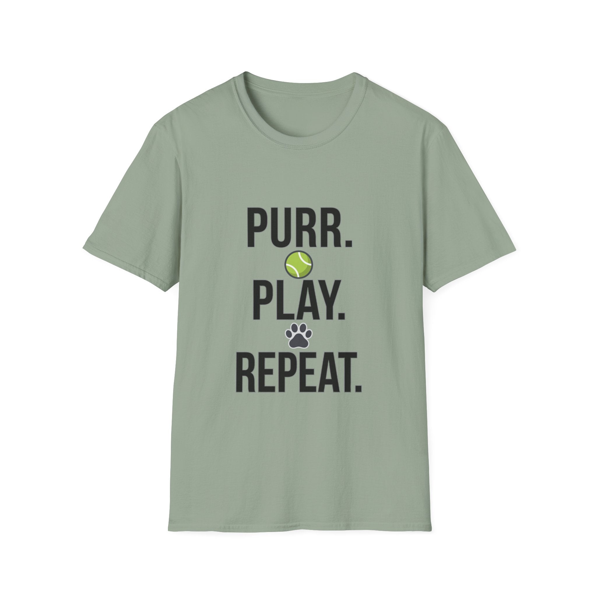 Purr. Play. Repeat. Cat Lover T-Shirt — Tennis Ball & Paw Graphic