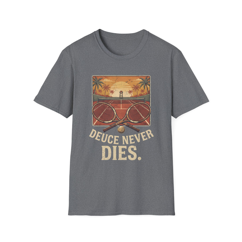 Tennis Sunset T-Shirt — Vintage 'Deuce Never Dies' Tennis Graphic Tee