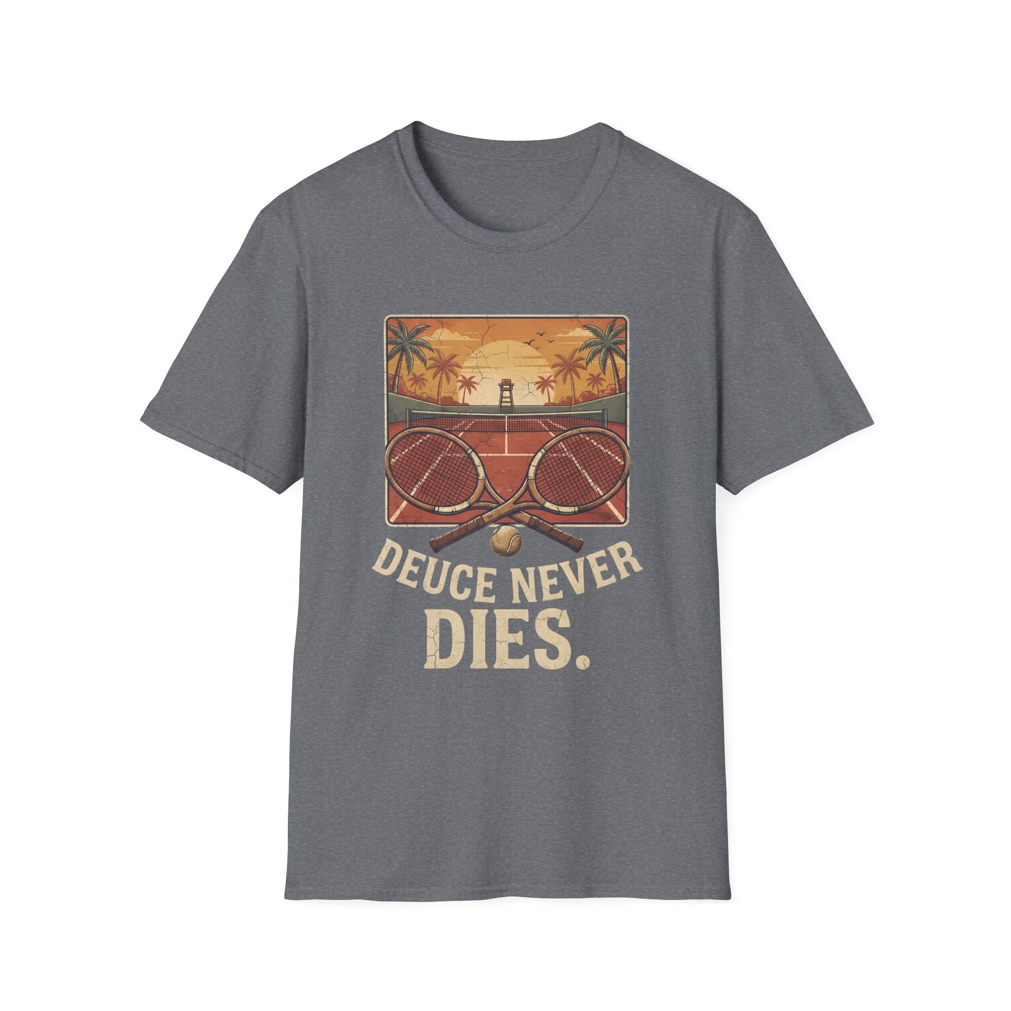 Tennis Sunset T-Shirt — Vintage 'Deuce Never Dies' Tennis Graphic Tee