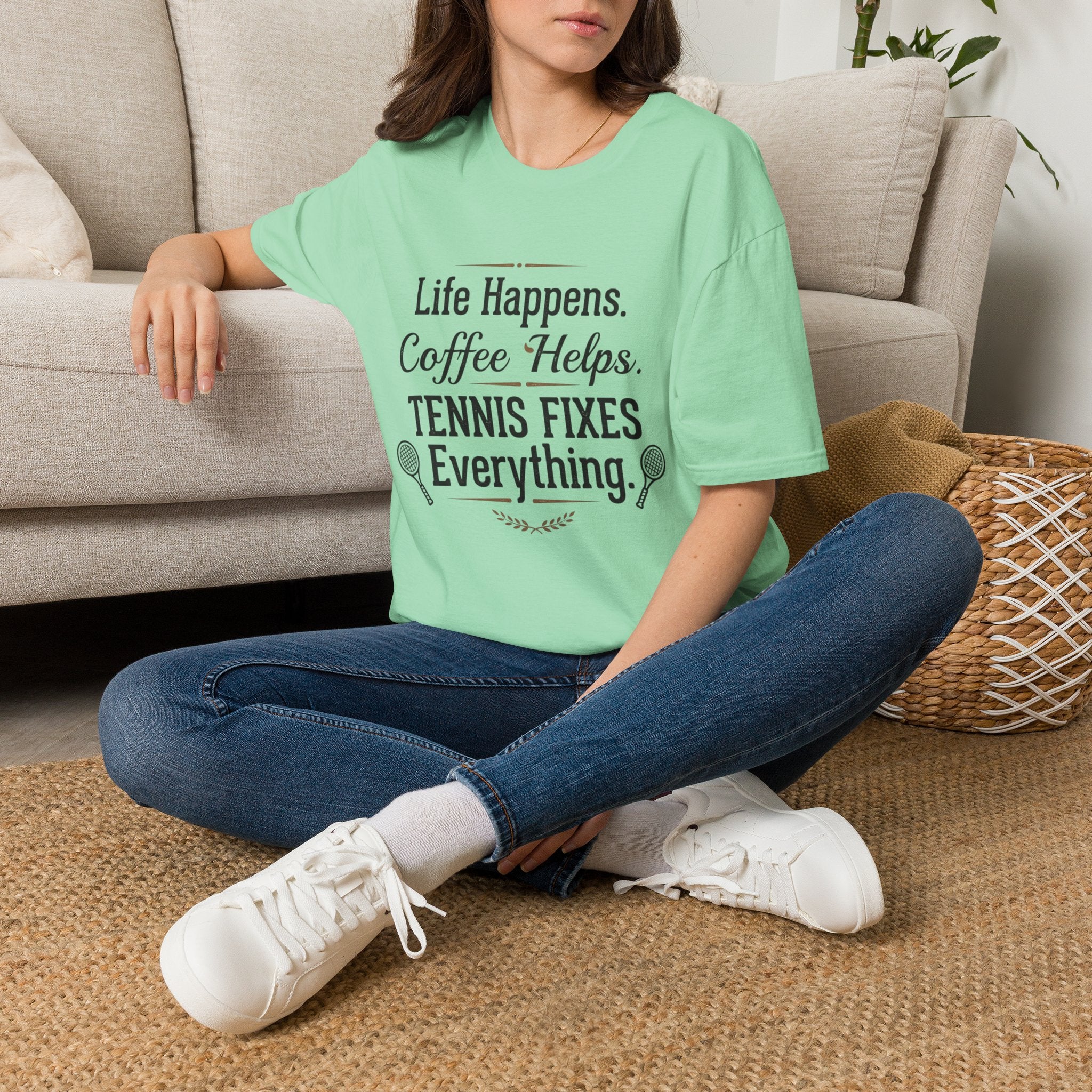 Tennis Tee — “Life Happens. Coffee Helps. Tennis Fixes Everything.” Funny Coffee & Tennis Shirt