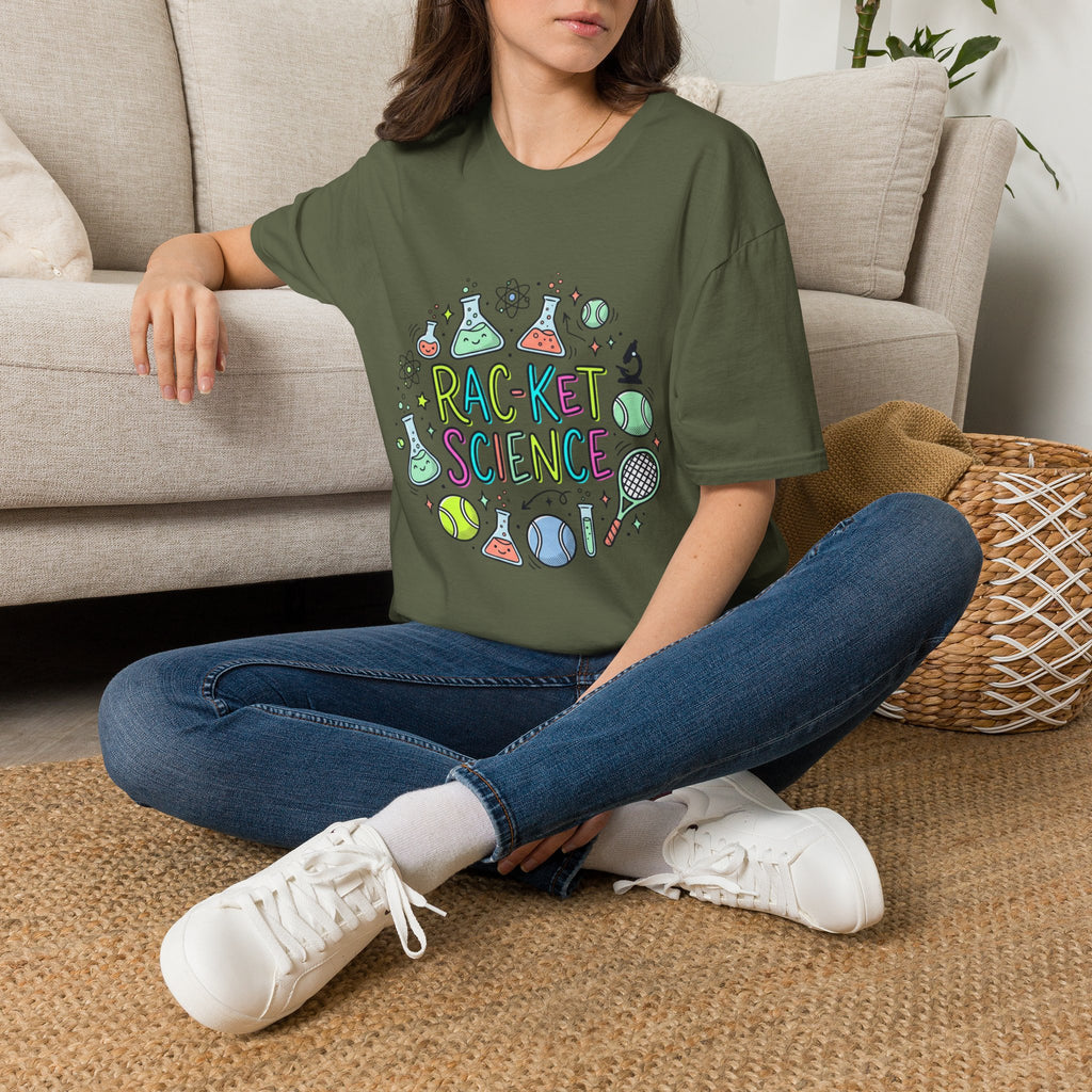 T-Shirt — Racket Science Graphic Tee (tennis + lab beakers)