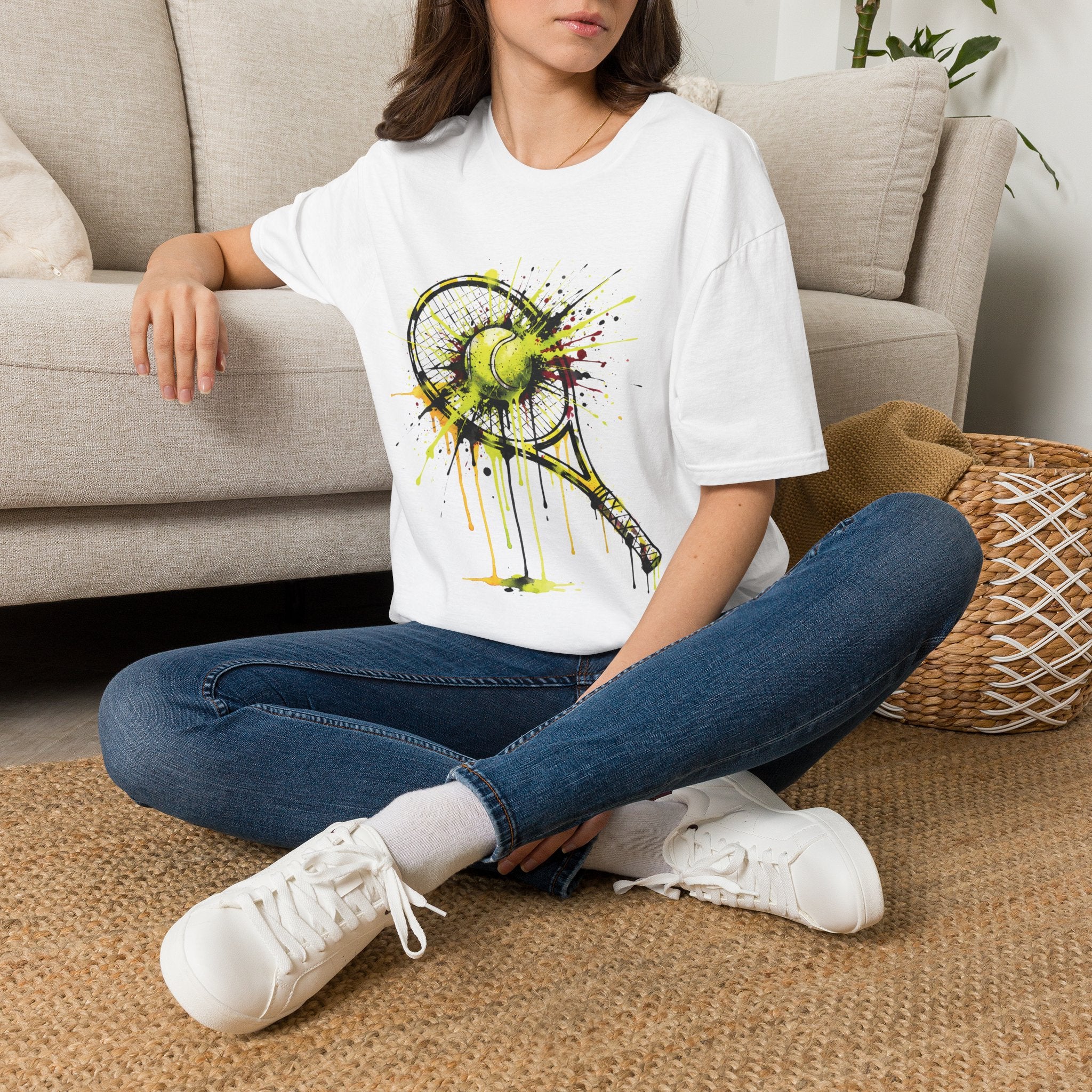 Tennis Racket & Ball Splash T‑Shirt — Watercolor Sports Graphic Tee