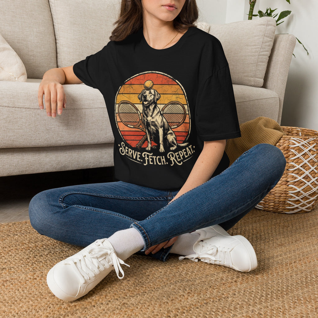 Dog Tennis T-Shirt — “Serve. Fetch. Repeat.” Retro Labrador Tennis Tee