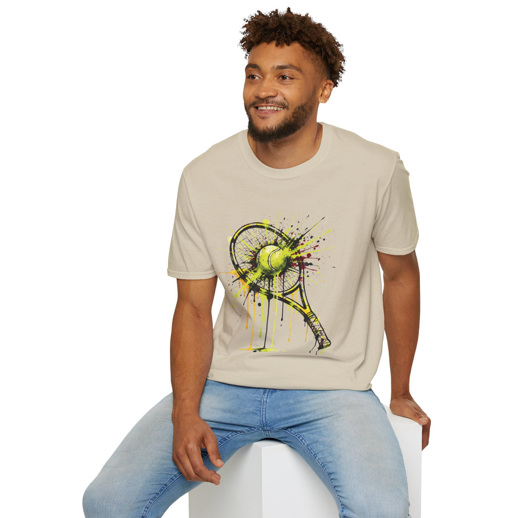 Tennis Racket & Ball Splash T‑Shirt — Watercolor Sports Graphic Tee