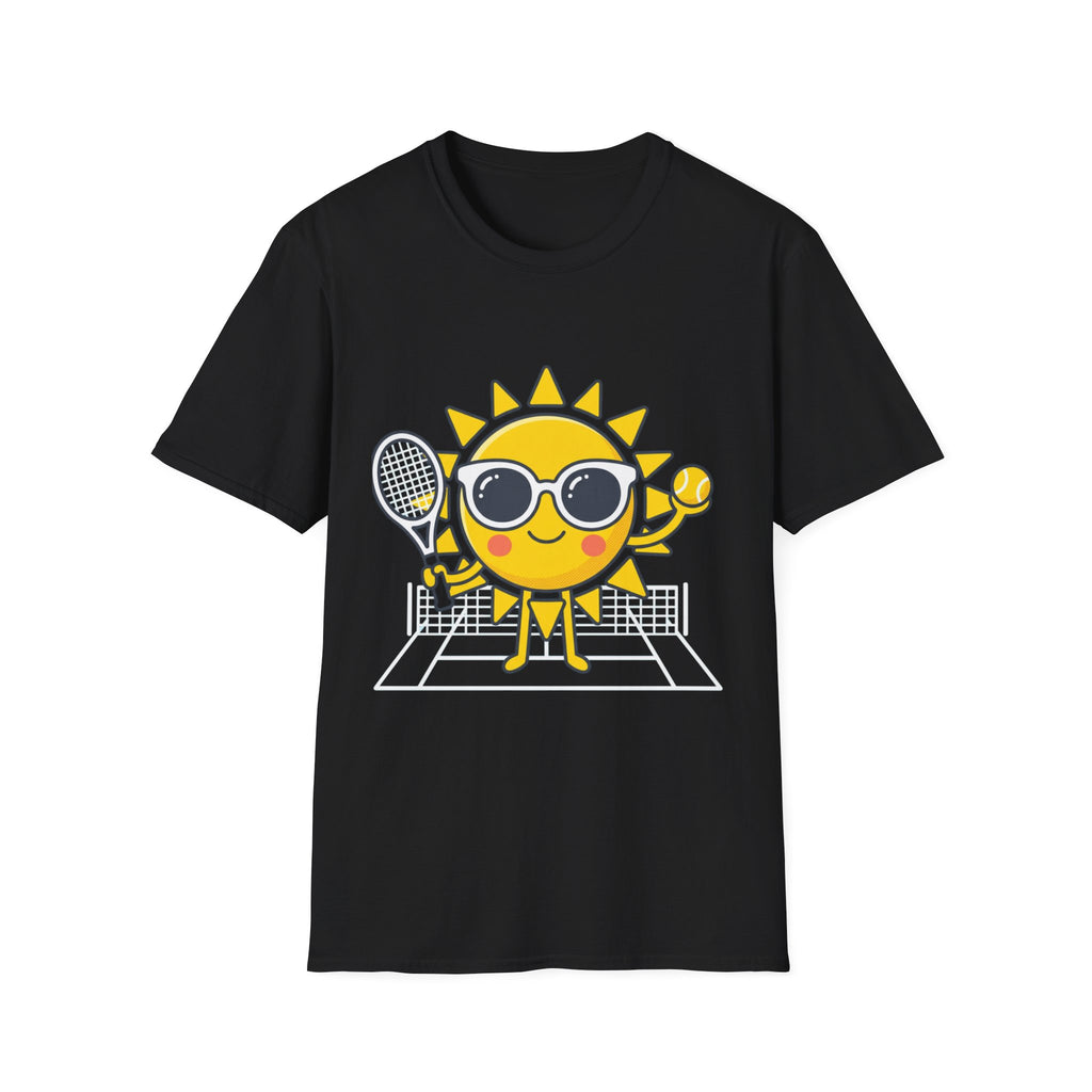 Sun Tennis Emoji T-Shirt — Cute Sunglasses Sun Playing Tennis Graphic Tee