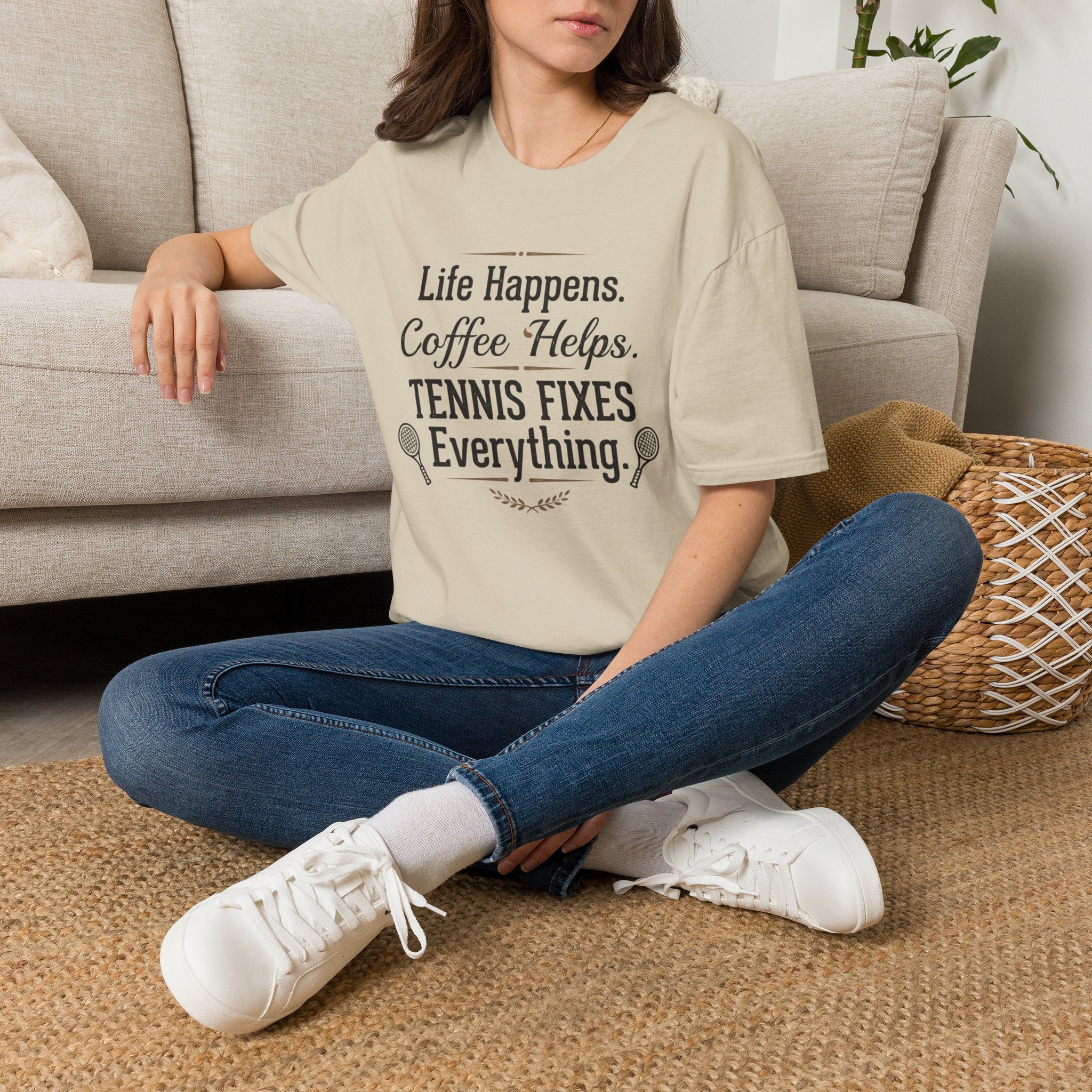 T-Shirt — "Life Happens. Coffee Helps. Tennis Fixes Everything."