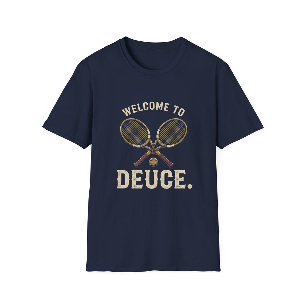 Welcome to Deuce Tennis T-Shirt — Vintage Racket Court Tee
