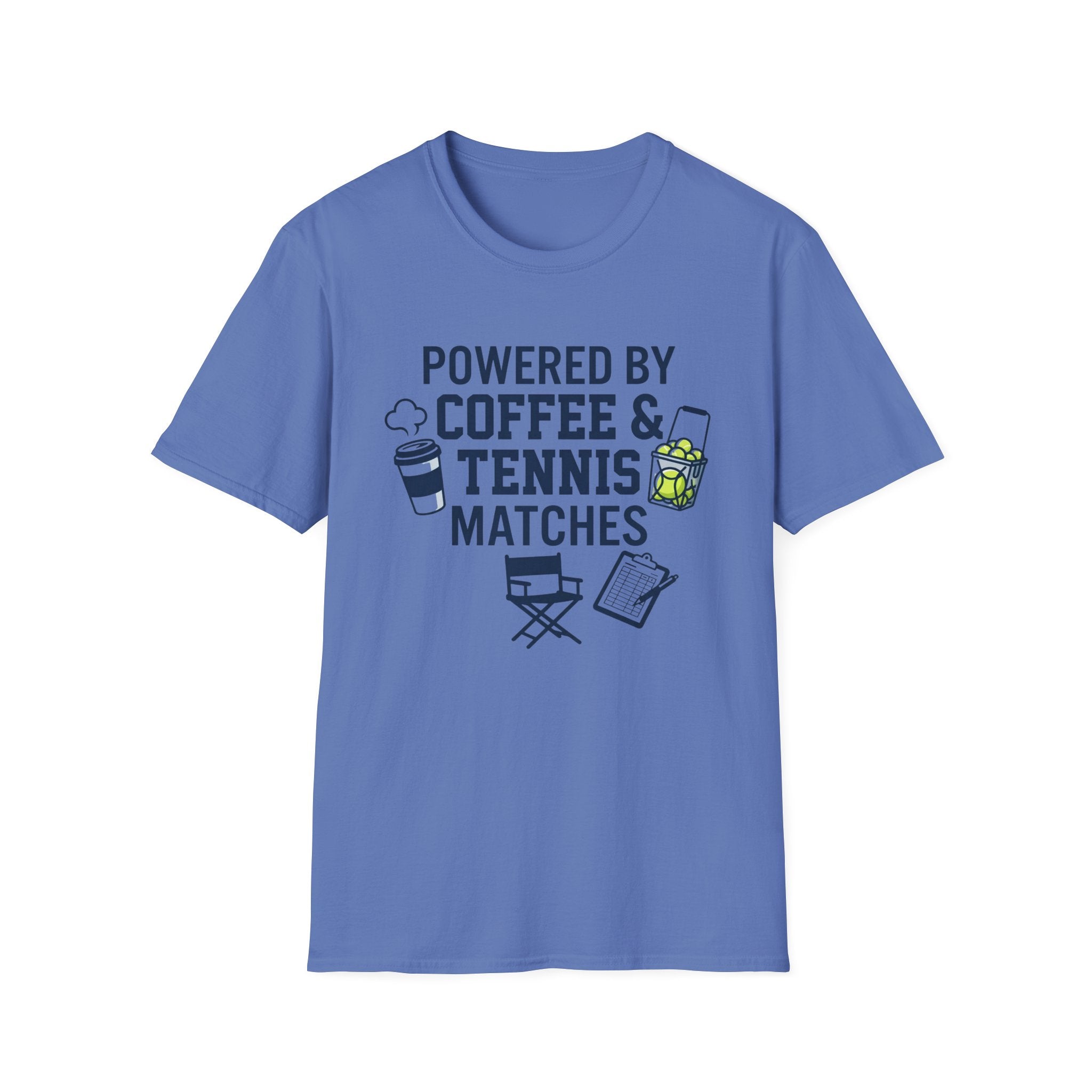 T-Shirt — "Powered by Coffee & Tennis Matches" Casual Tennis Player Tee