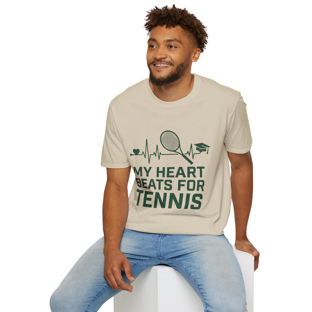 My Heart Beats for Tennis T-Shirt — Heartbeat Racket Design with Graduation Cap
