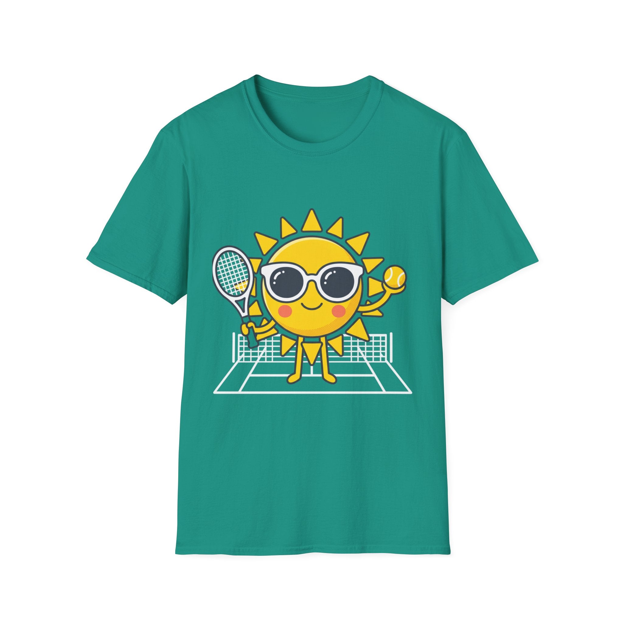 Sun Tennis Emoji T-Shirt — Cute Sunglasses Sun Playing Tennis Graphic Tee