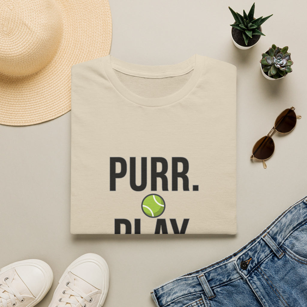 Purr. Play. Repeat. Cat Lover T-Shirt — Tennis Ball & Paw Graphic