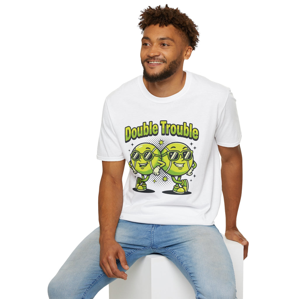 Double Trouble Tennis Tee — Retro Smiley Racquet Duo