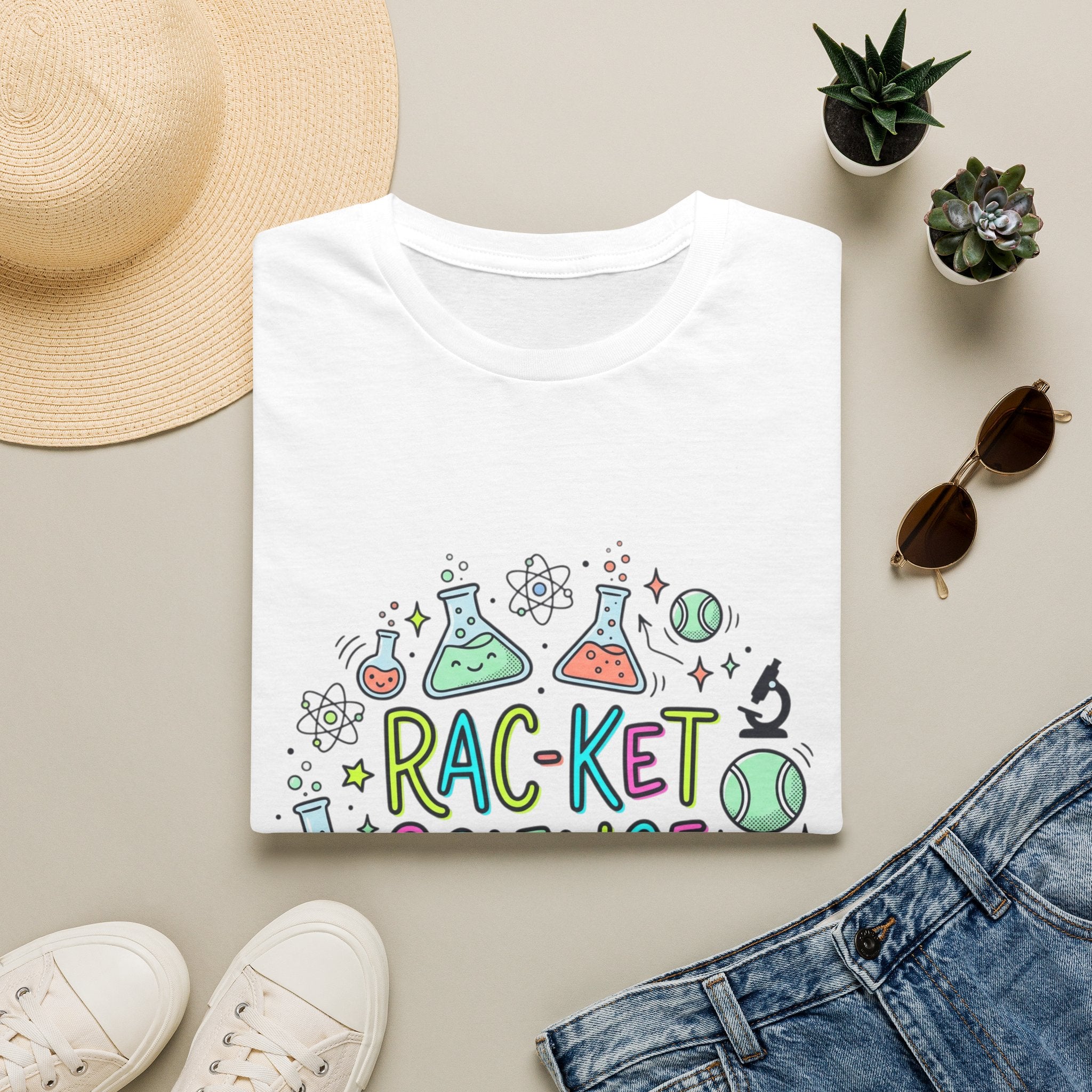 T-Shirt — Racket Science Graphic Tee (tennis + lab beakers)
